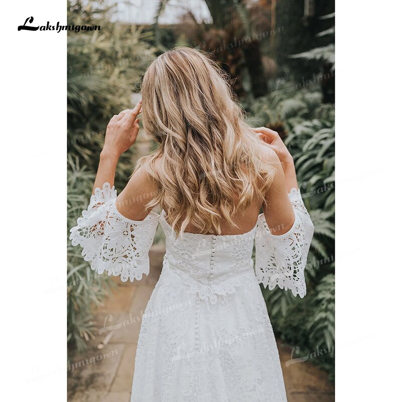 Two Piece Boho Long Wedding Dresses Sweetheart Neck Appliques Floor-Length Sweep Train Lace Short Sleeve vestidos de novia - ROYCEBRIDAL OFFICIAL STORE