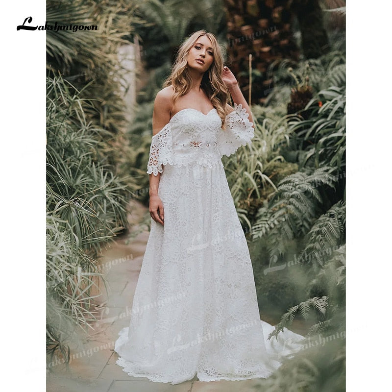 Two Piece Boho Long Wedding Dresses Sweetheart Neck Appliques Floor-Length Sweep Train Lace Short Sleeve vestidos de novia - ROYCEBRIDAL OFFICIAL STORE