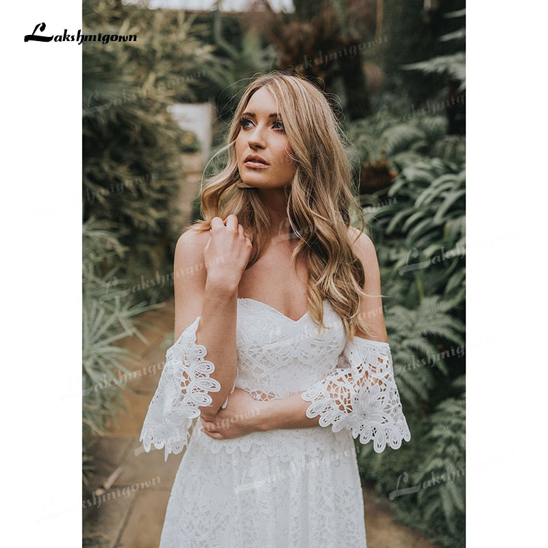 Two Piece Boho Long Wedding Dresses Sweetheart Neck Appliques Floor-Length Sweep Train Lace Short Sleeve vestidos de novia - ROYCEBRIDAL OFFICIAL STORE