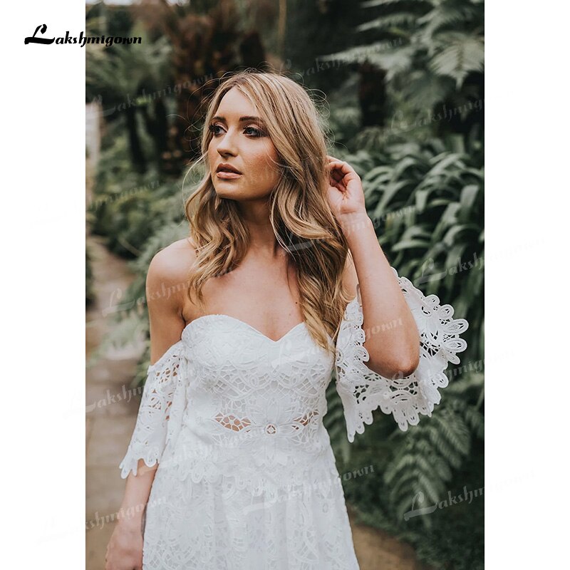 Two Piece Boho Long Wedding Dresses Sweetheart Neck Appliques Floor-Length Sweep Train Lace Short Sleeve vestidos de novia - ROYCEBRIDAL OFFICIAL STORE