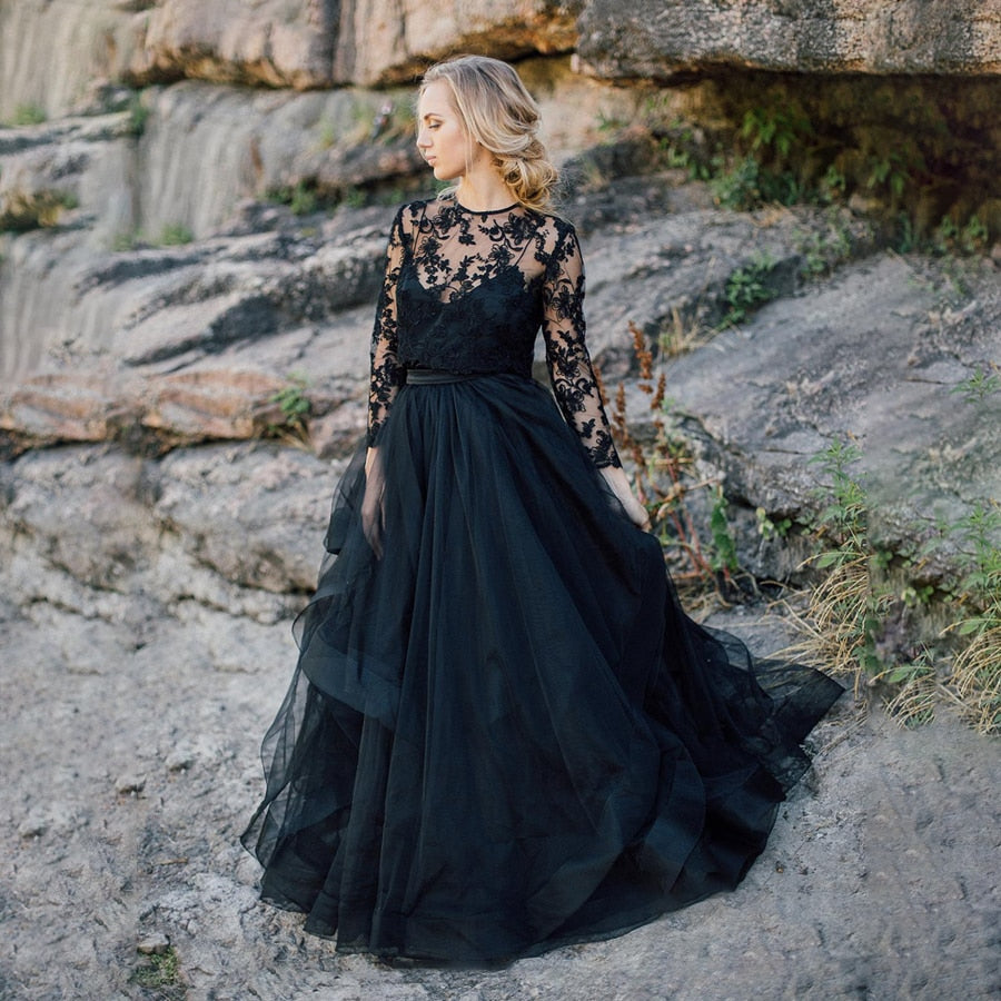 Roycebridal Scoop Long Sleeves A line Outdoor Black Wedding Dress with ROYCEBRIDAL OFFICIAL STORE
