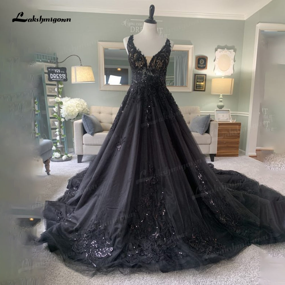 Roycebridal Gorgeous Black Wedding Dress with V neckline Sequins