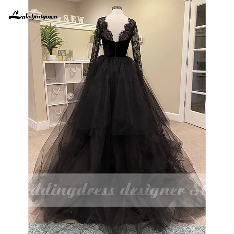 Lakshmigown Sexy Lace Black Wedding Dresses with Long Sleeve vestido de novia Boho Gothic Tulle Wedding Gown Outdoor Country - ROYCEBRIDAL OFFICIAL STORE