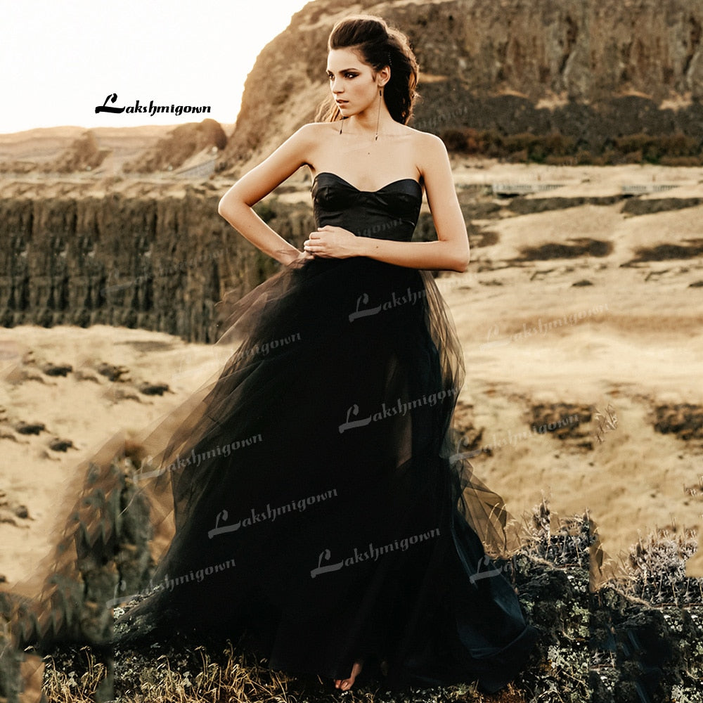 Roycebridal Gothic Black A-Line Wedding Dresses Strapless