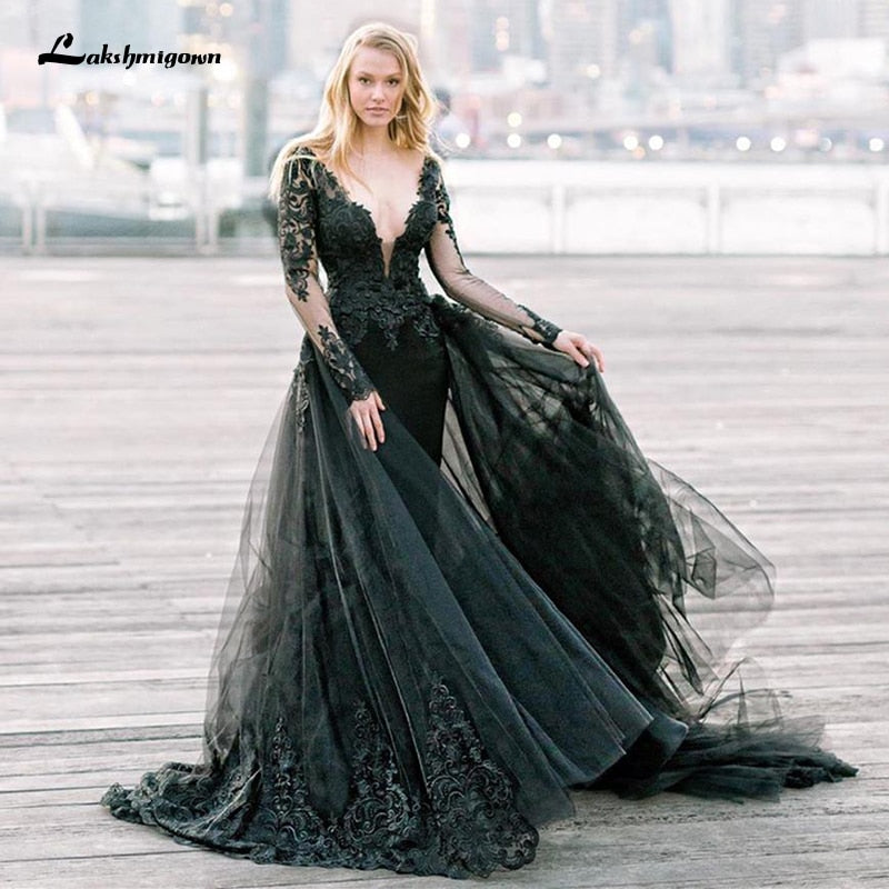 Roycebridal Gothic Design Black Wedding Dresses Long Sleeve Deep V
