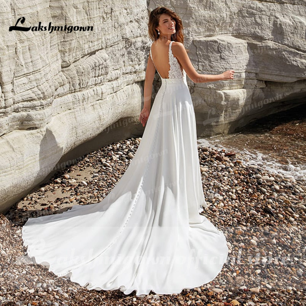 Modest V-Neck Wedding Dress 2022 Fashion lace appliques Sweep Train A Line Bridal Gown New Arrival Vestidos de Nova - ROYCEBRIDAL OFFICIAL STORE