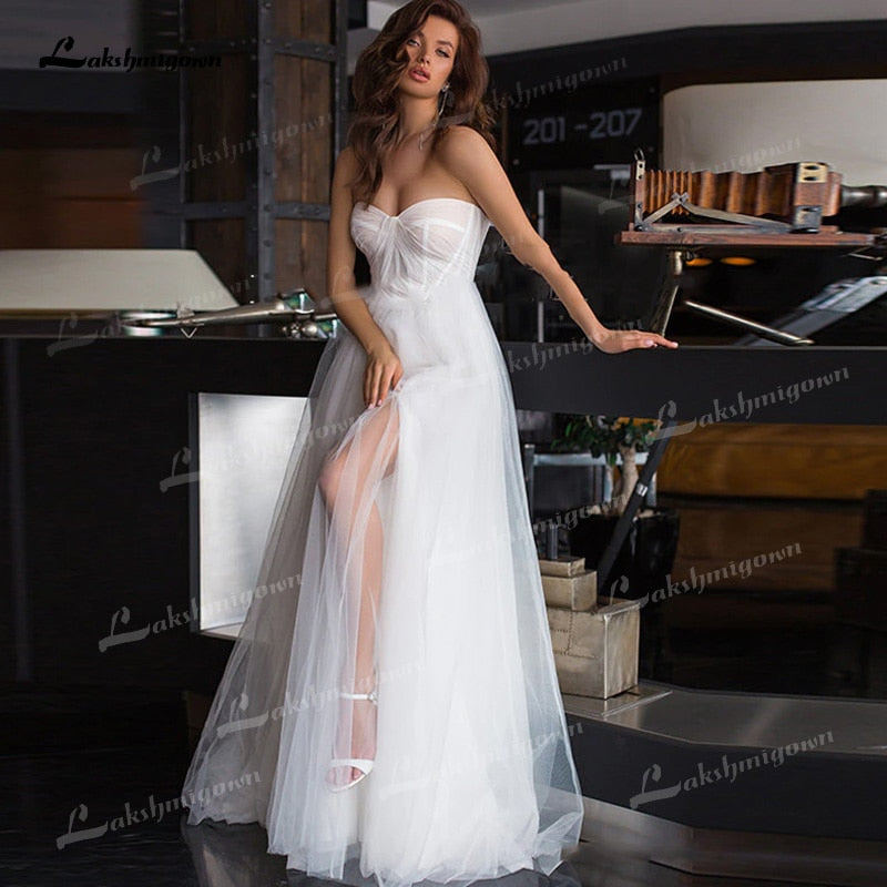 Boho A-Line Tulle Wedding Dresses Side Split With Detachable Puff Sleeves Sweetheart Neck Sweep/Brush Train Beach Bride Gowns - ROYCEBRIDAL OFFICIAL STORE