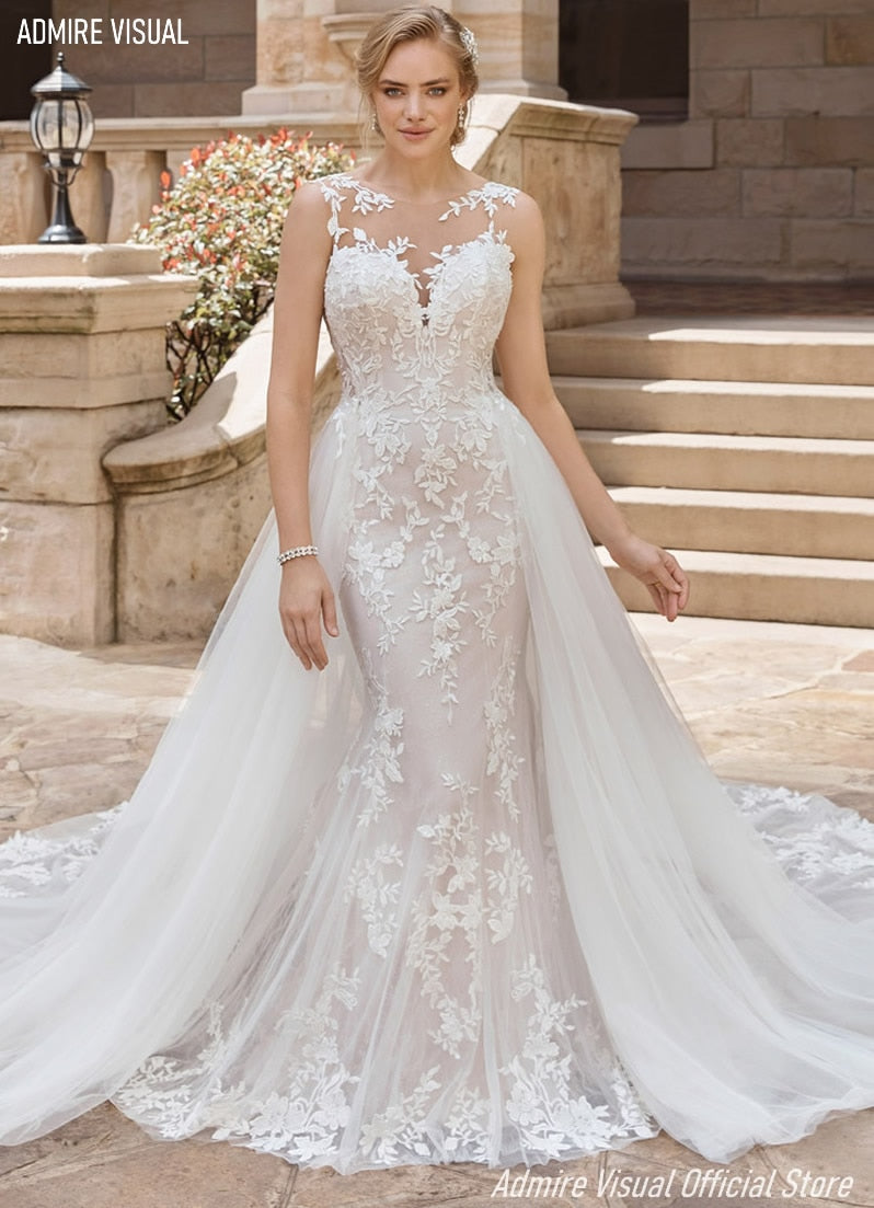 Robe de mariée Roycebridal, sirène, dentelle, décolleté en cœur, spaghetti, 2 en 1, dos nu, pour fête, grande taille