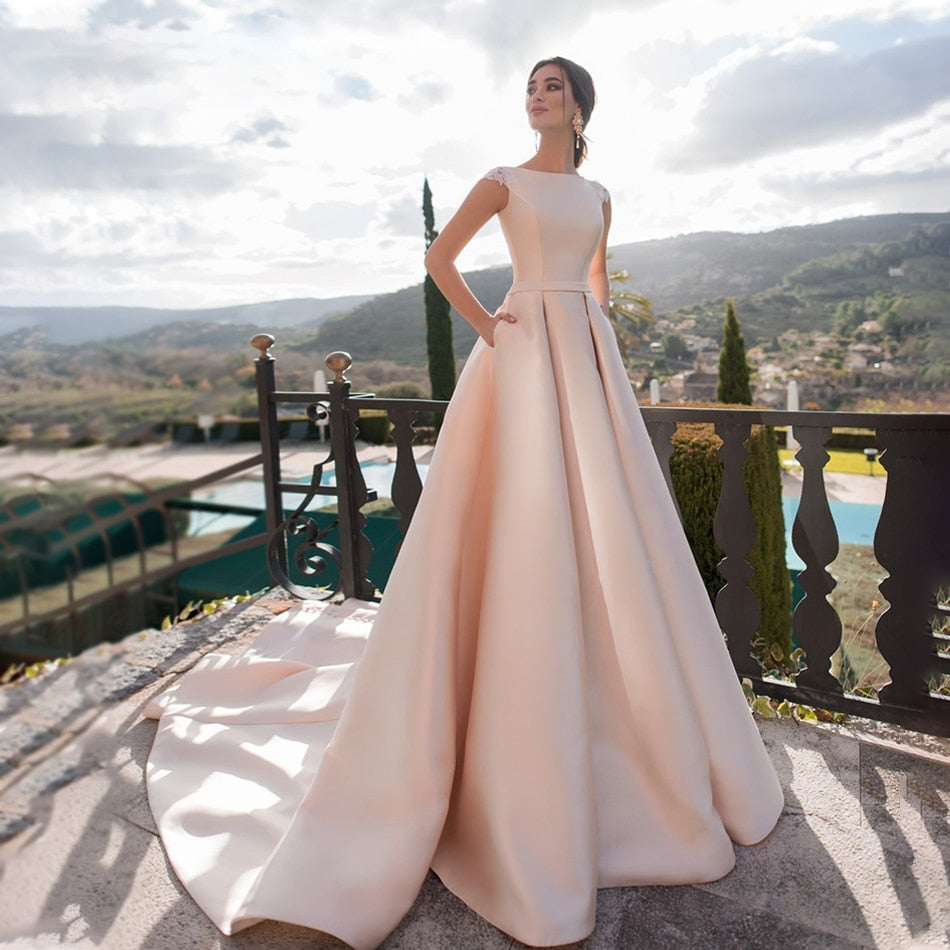 Roycebridal Pink Wedding Dresses Satin Lace Appliques vestido de