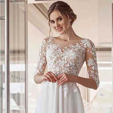 Roycebridal Halbarm Bodenlangen A-Linie Brautkleid 2021 Spitze Applikationen O-Ausschnitt Vintage Standesamt Brautkleid Mit Knopfleiste Tüll