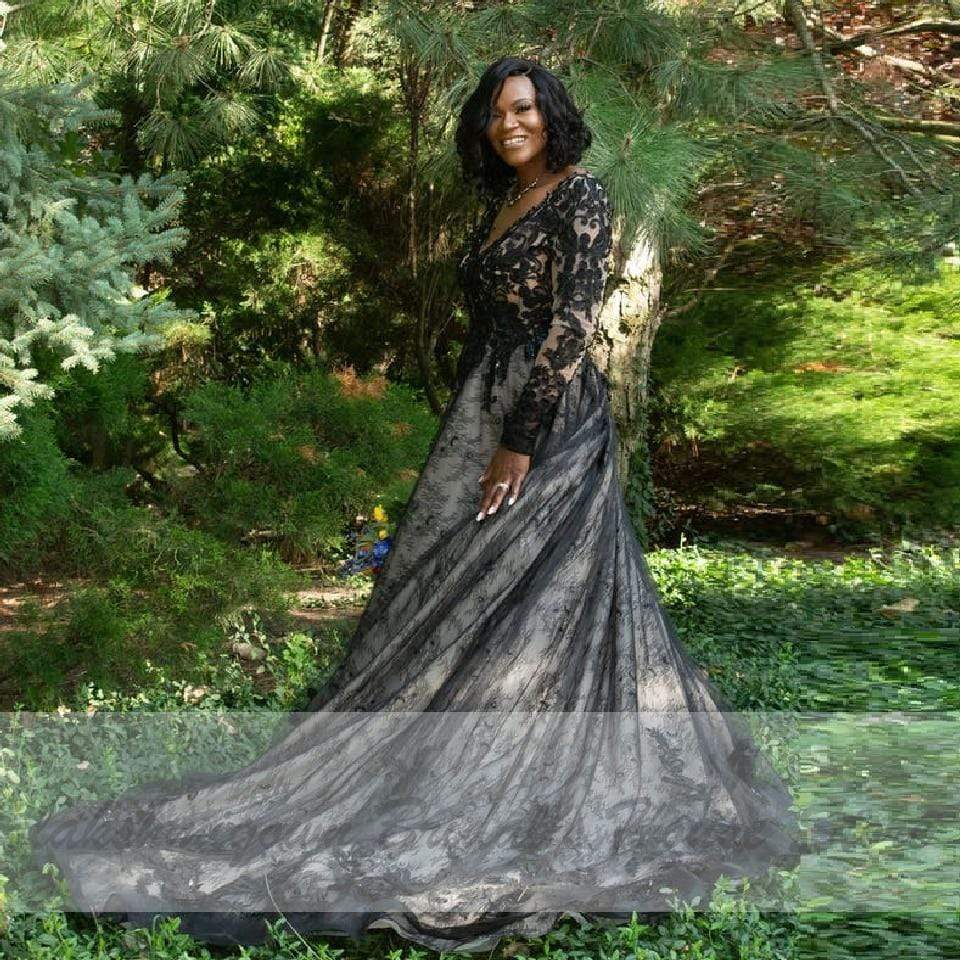 Puffy Plus Size Black Wedding Dress Long Sleeve - ROYCEBRIDAL OFFICIAL STORE