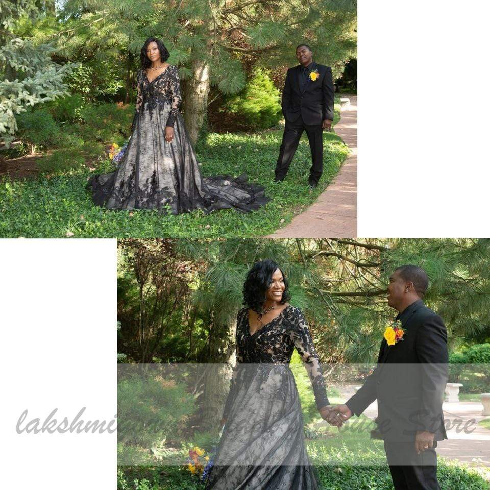 Puffy Plus Size Black Wedding Dress Long Sleeve - ROYCEBRIDAL OFFICIAL STORE