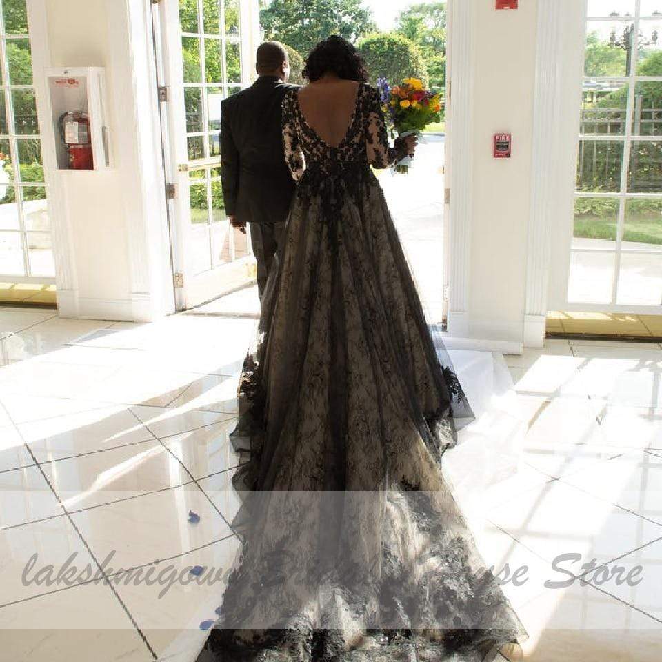 Puffy Plus Size Black Wedding Dress Long Sleeve - ROYCEBRIDAL OFFICIAL STORE