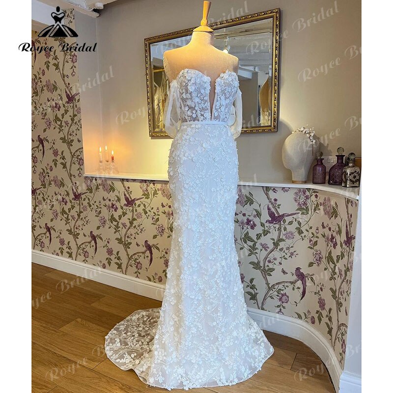 robe de mariée Mermaid/Trumpet Wedding Dress Off the Shoulder V Neck Lace 3D Flowers Bridal Gown vestido de boda corte sirena