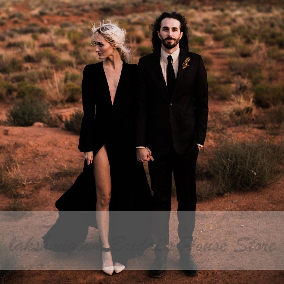 Simple Sexy Black Wedding Dress Long Sleeves - ROYCEBRIDAL OFFICIAL STORE