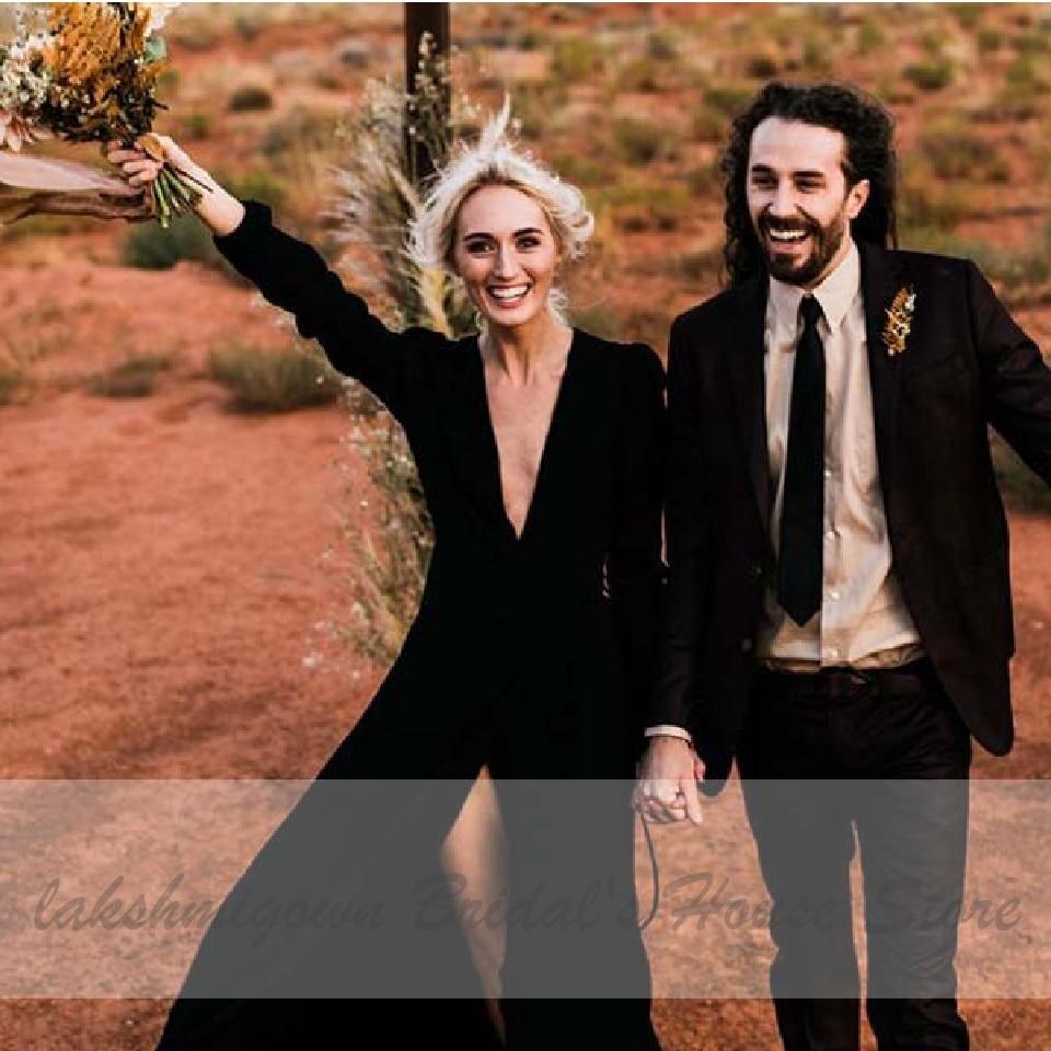 Simple Sexy Black Wedding Dress Long Sleeves - ROYCEBRIDAL OFFICIAL STORE