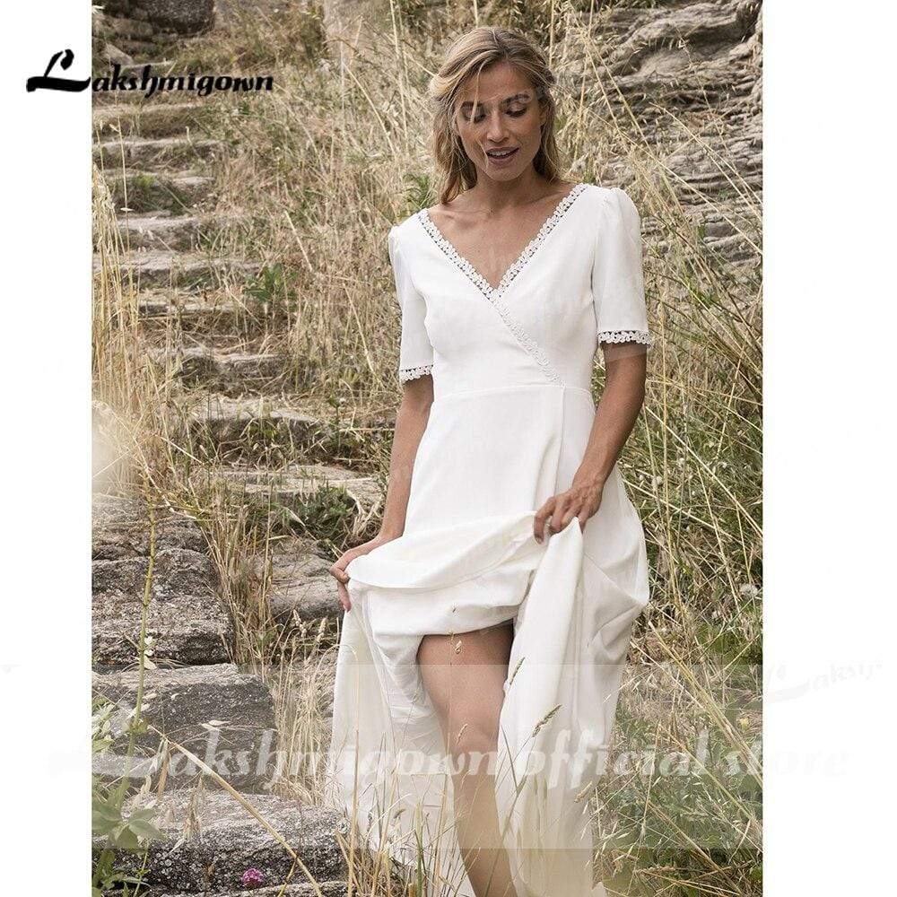 Simple Short Sleeve V Neck Beach Sweep Train Wedding Dresses - ROYCEBRIDAL OFFICIAL STORE