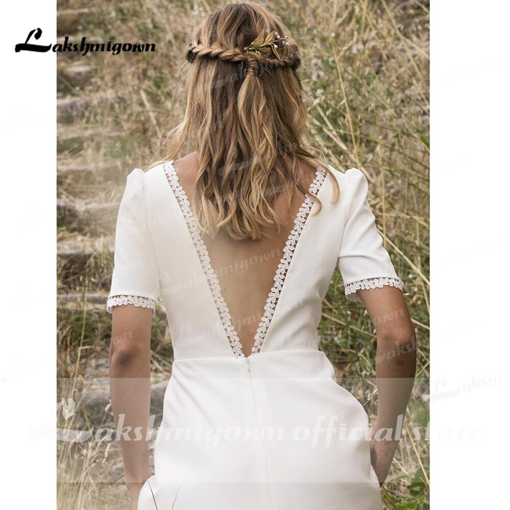 Simple Short Sleeve V Neck Beach Sweep Train Wedding Dresses - ROYCEBRIDAL OFFICIAL STORE