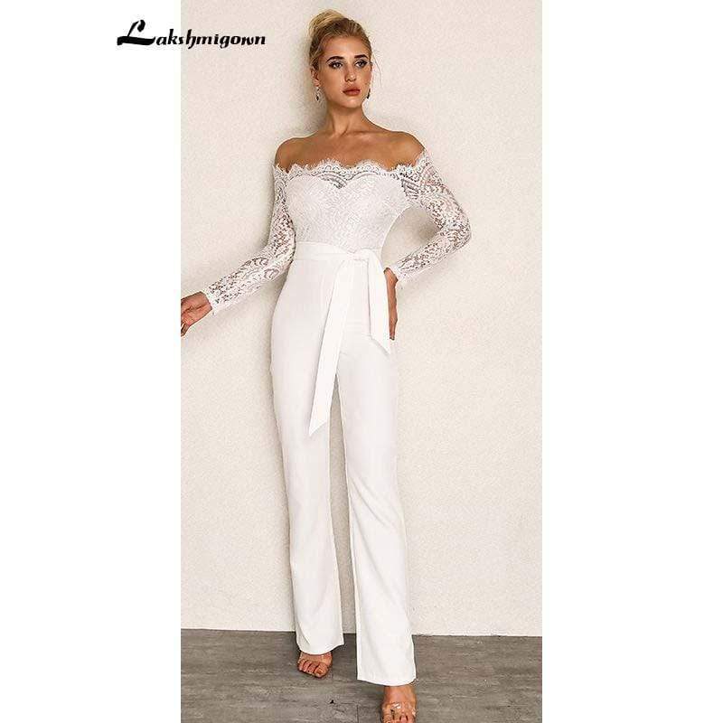 Roycebridal Simple White Lace Jumpsuits Wedding Dresses Long