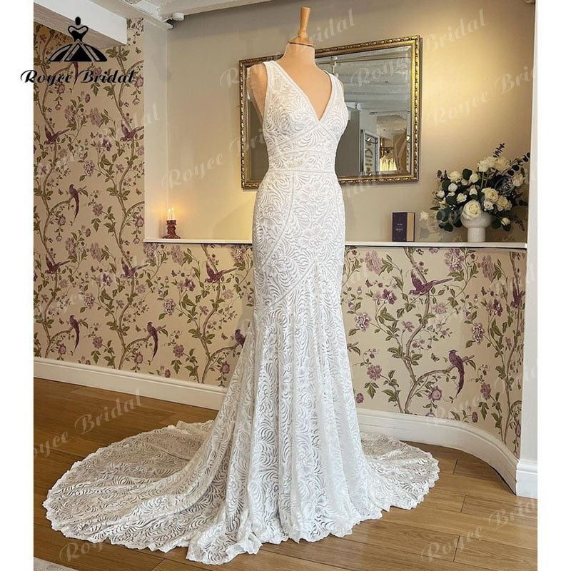 Trajes de novias largos sirène/trompette robe de mariée col en V débardeur dos ouvert dentelle sans manches vestido de boda corte sirena