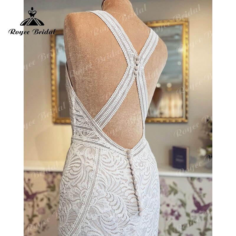 Trajes de novias largos sirène/trompette robe de mariée col en V débardeur dos ouvert dentelle sans manches vestido de boda corte sirena