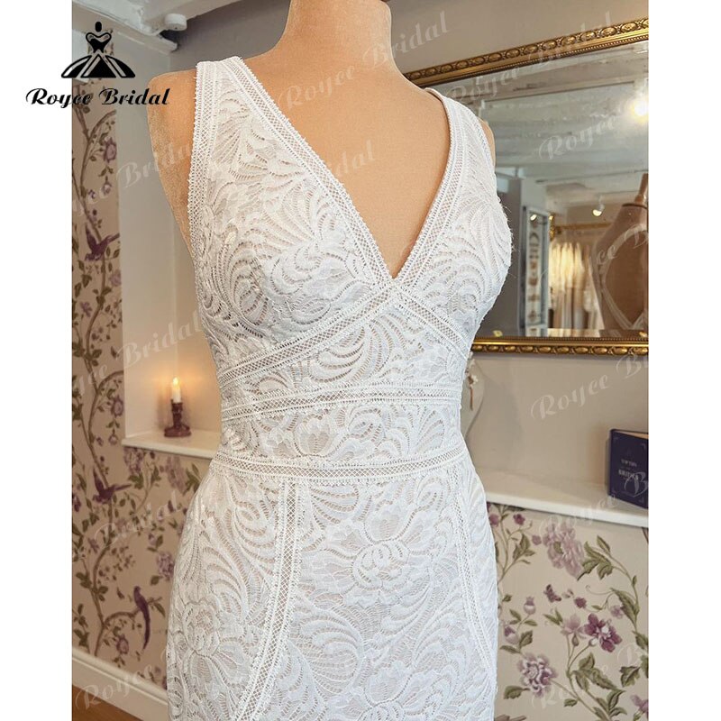 Trajes de novias largos sirène/trompette robe de mariée col en V débardeur dos ouvert dentelle sans manches vestido de boda corte sirena