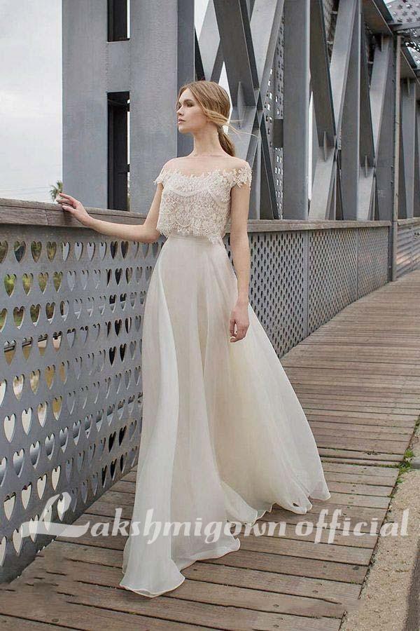 Two Piece Wedding Dresses Lace Appliques Bodice - ROYCEBRIDAL OFFICIAL STORE