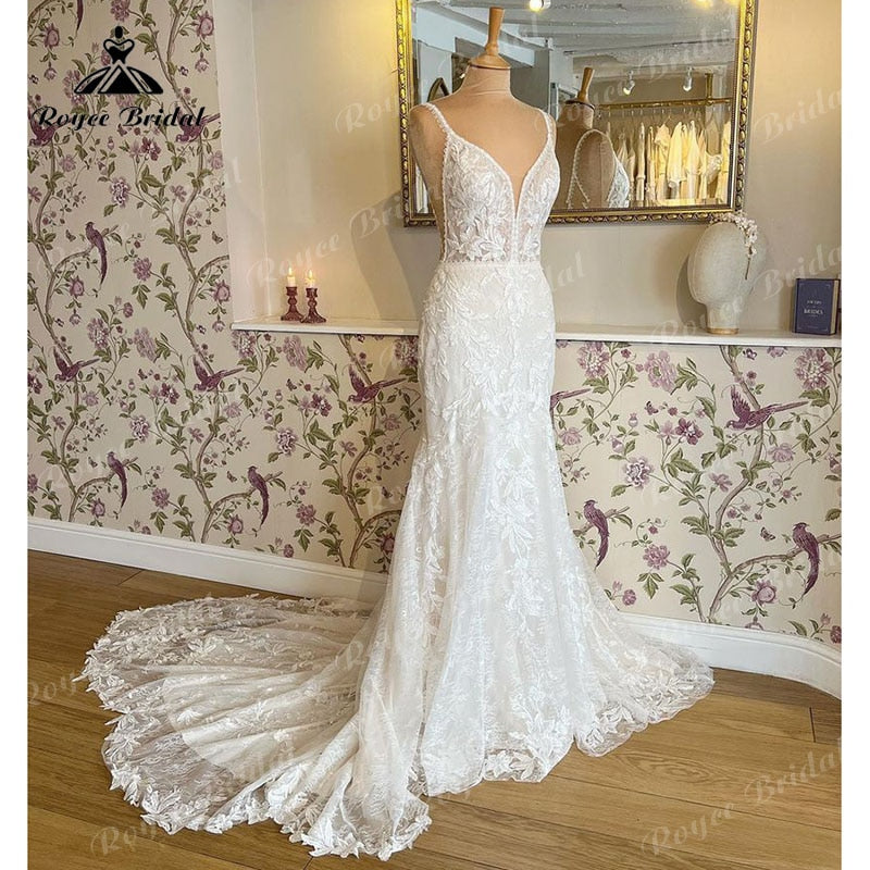 Robes sirène bretelles Spaghetti robe de mariée dentelle Applique dos nu col en V Court Train trompette vestido de boda corte sirena
