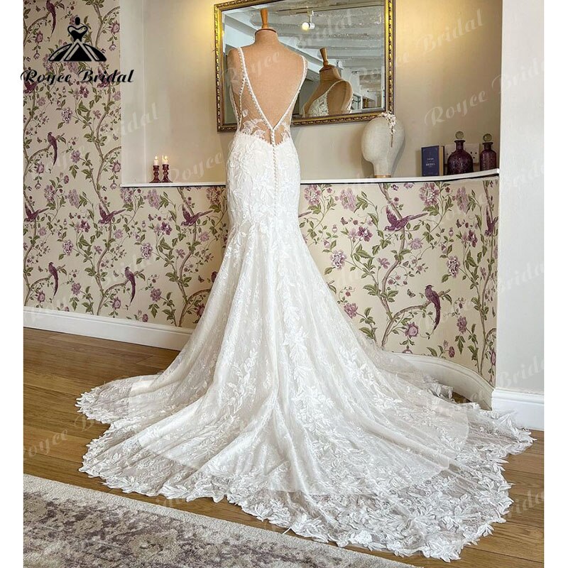 Robes sirène bretelles Spaghetti robe de mariée dentelle Applique dos nu col en V Court Train trompette vestido de boda corte sirena