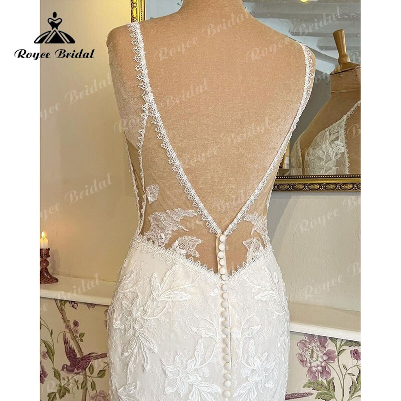 Robes sirène bretelles Spaghetti robe de mariée dentelle Applique dos nu col en V Court Train trompette vestido de boda corte sirena