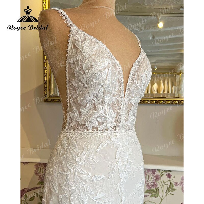 Robes sirène bretelles Spaghetti robe de mariée dentelle Applique dos nu col en V Court Train trompette vestido de boda corte sirena