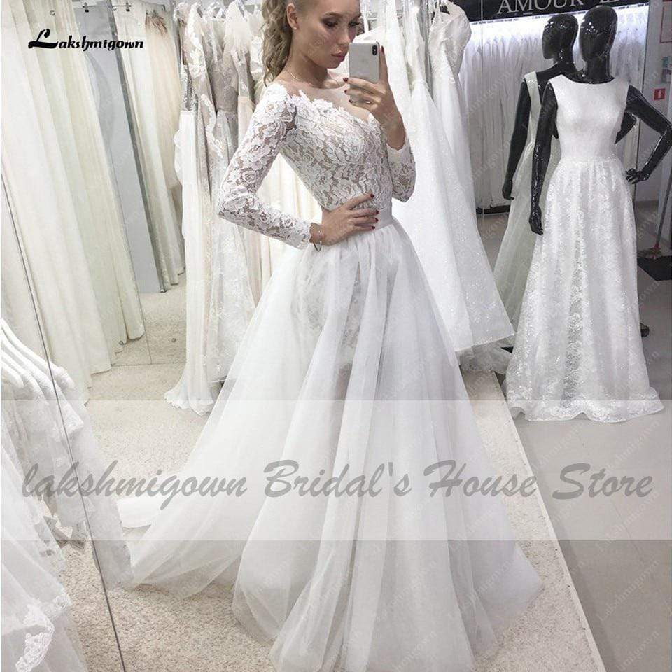 Vintage 2 Pieces Wedding Dress Lace Bodice Backless - ROYCEBRIDAL OFFICIAL STORE