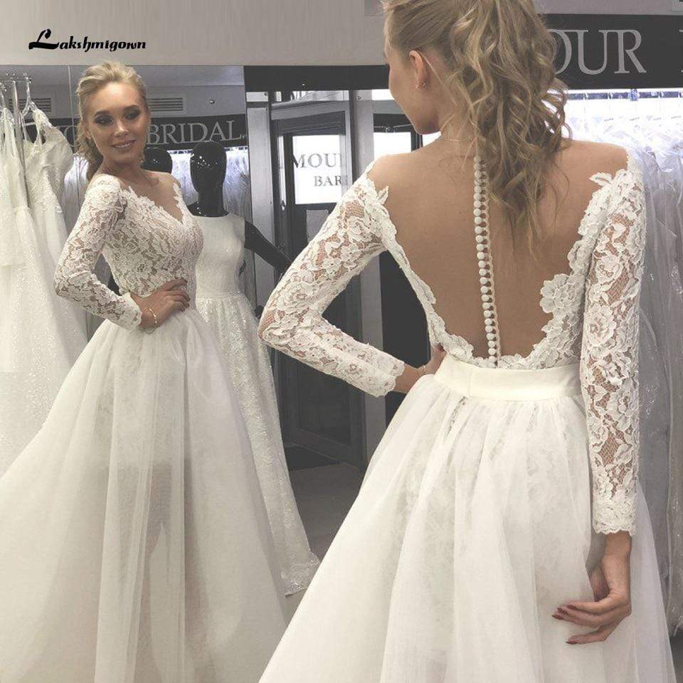 Vintage 2 Pieces Wedding Dress Lace Bodice Backless - ROYCEBRIDAL OFFICIAL STORE