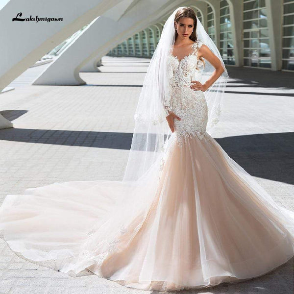 Champagne and white lace wedding dress sales
