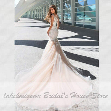 Vintage Champagne Wedding Dress Mermaid Style White Lace Appliques - ROYCEBRIDAL OFFICIAL STORE
