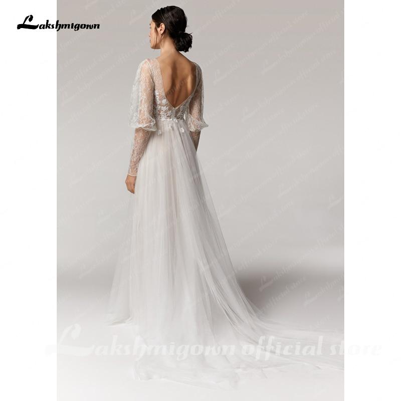 Vintage Deep V Champagne Wedding Dress A Line long sleeves - ROYCEBRIDAL OFFICIAL STORE