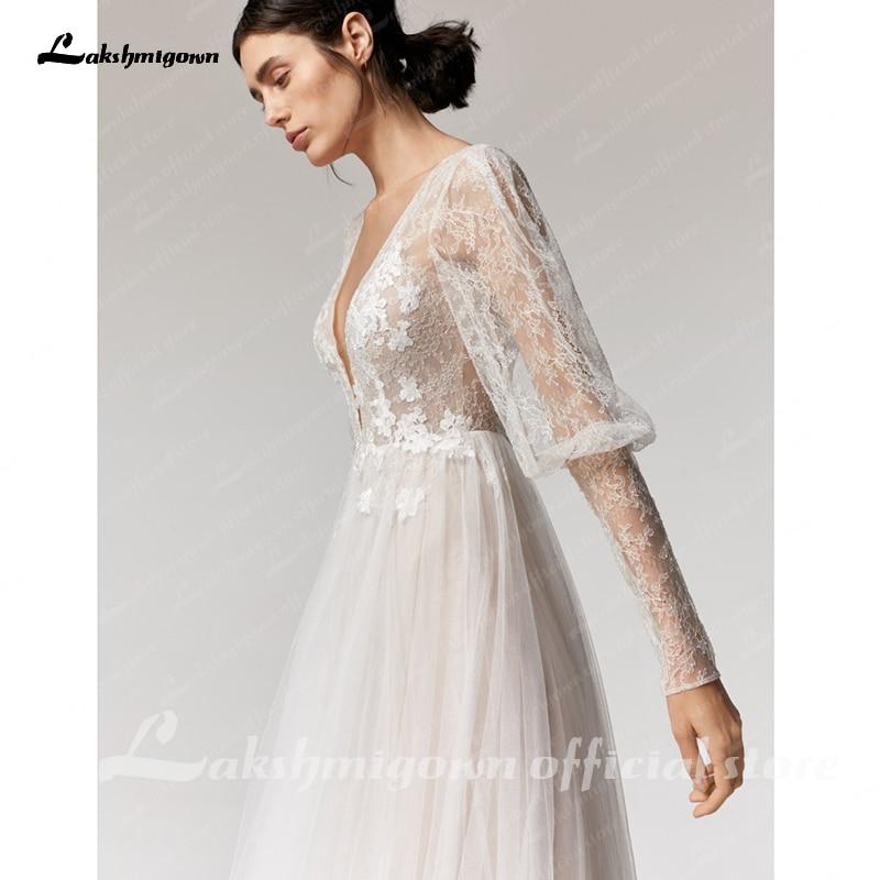 Vintage Deep V Champagne Wedding Dress A Line long sleeves - ROYCEBRIDAL OFFICIAL STORE