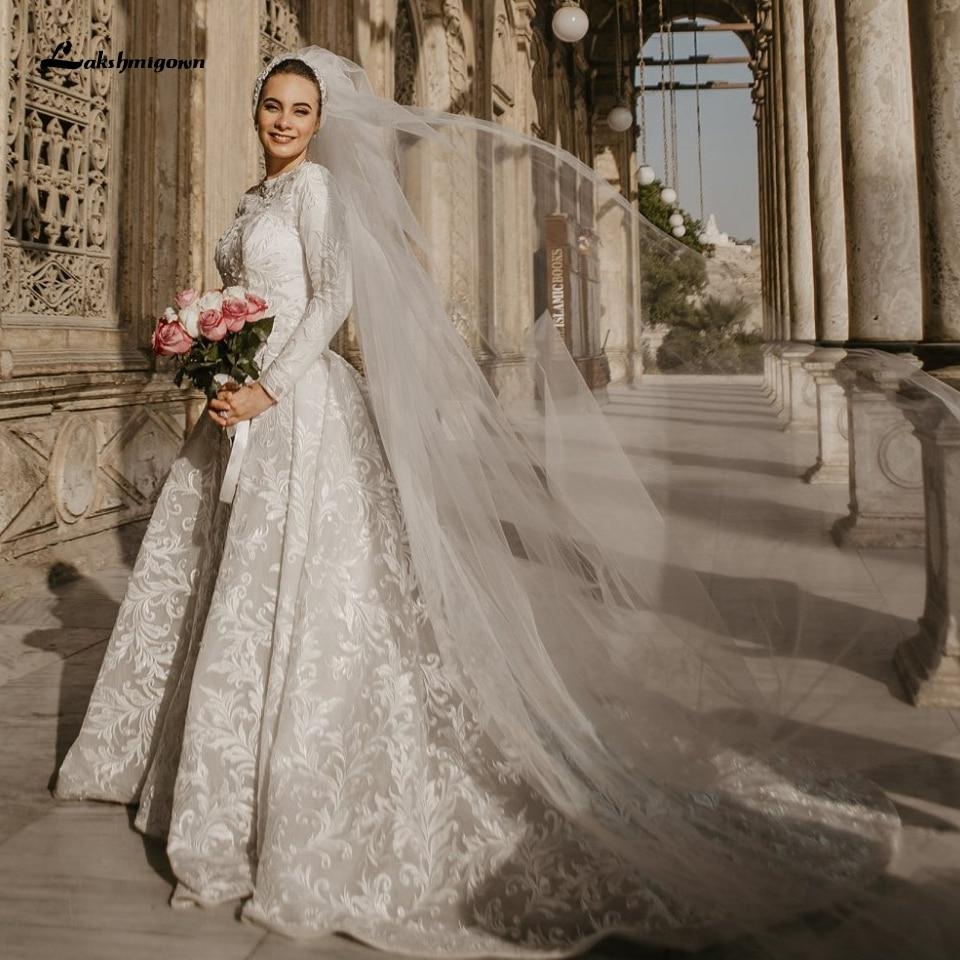 Vintage Lace Arabic Muslim Wedding Gown Off White Long Sleeve - ROYCEBRIDAL OFFICIAL STORE