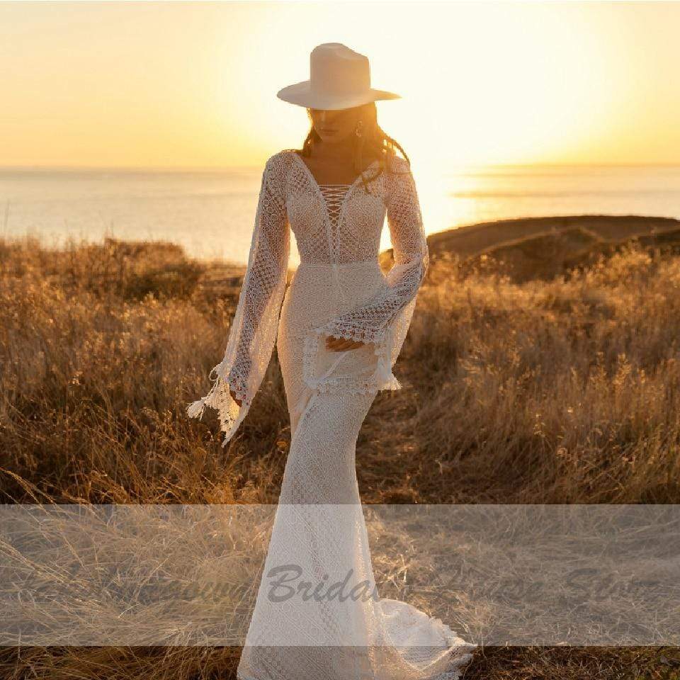 Vintage Lace Puff Sleeve Backless Dress Women Boho Mermaid Wedding Dresses - ROYCEBRIDAL OFFICIAL STORE