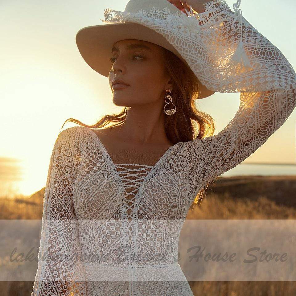 Vintage Lace Puff Sleeve Backless Dress Women Boho Mermaid Wedding Dresses - ROYCEBRIDAL OFFICIAL STORE