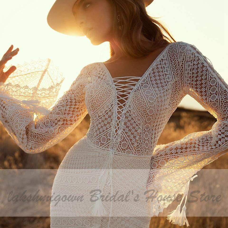 Vintage Lace Puff Sleeve Backless Dress Women Boho Mermaid Wedding Dresses - ROYCEBRIDAL OFFICIAL STORE