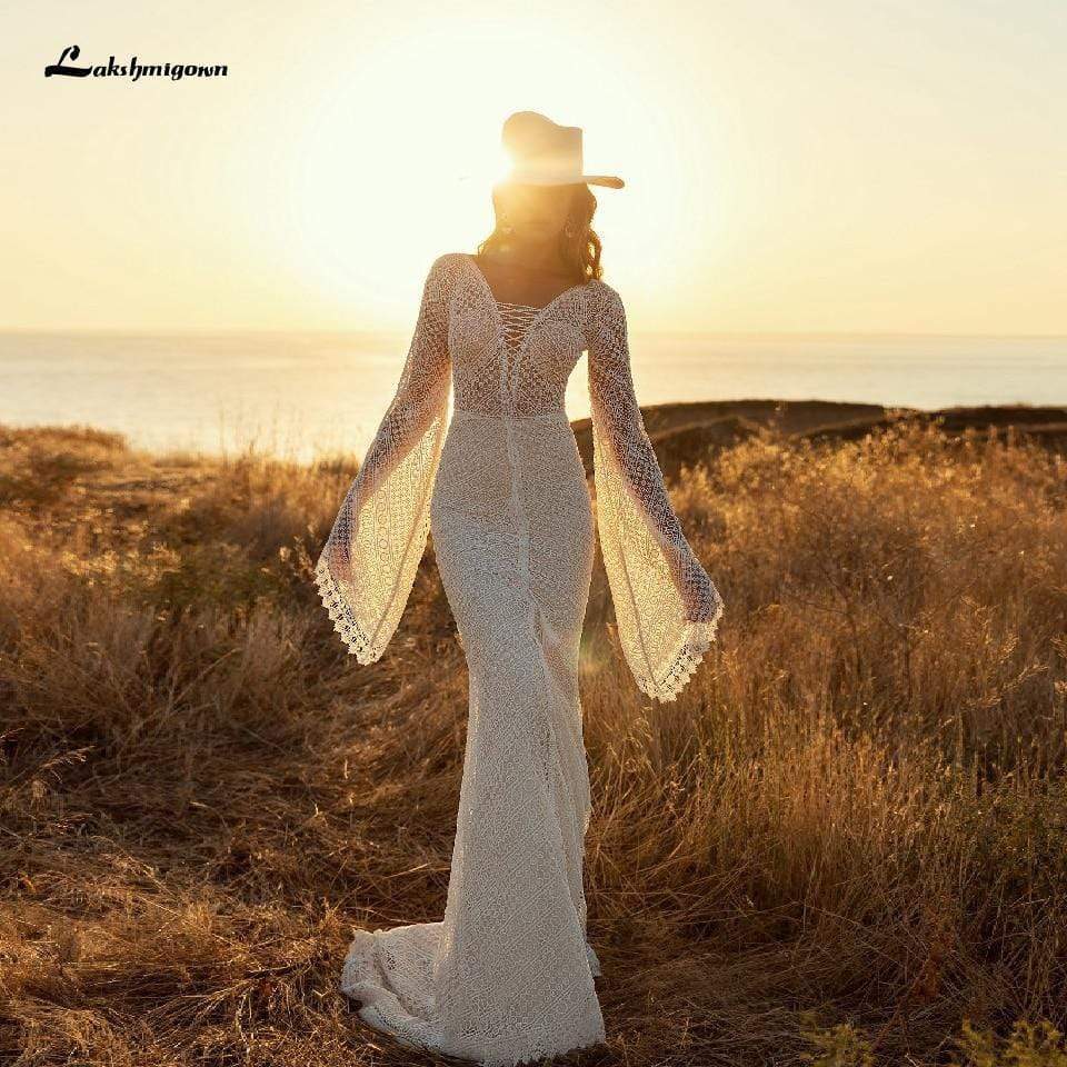 Vintage Lace Puff Sleeve Backless Dress Women Boho Mermaid Wedding Dresses - ROYCEBRIDAL OFFICIAL STORE