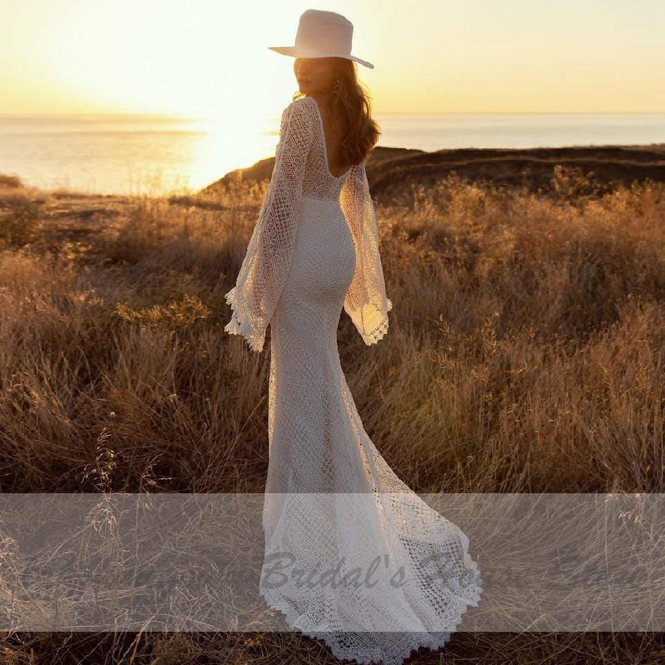 Vintage Lace Puff Sleeve Backless Dress Women Boho Mermaid Wedding Dresses - ROYCEBRIDAL OFFICIAL STORE