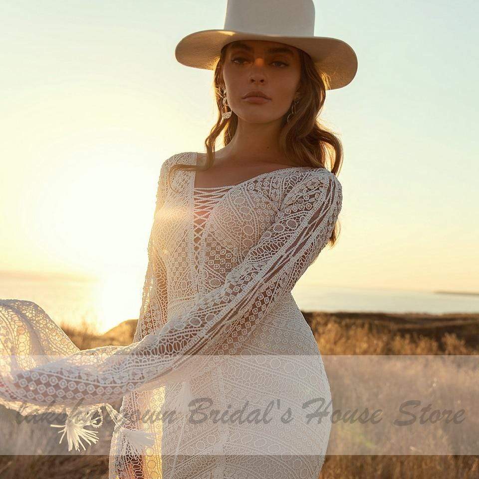 Vintage Lace Puff Sleeve Backless Dress Women Boho Mermaid Wedding Dresses - ROYCEBRIDAL OFFICIAL STORE