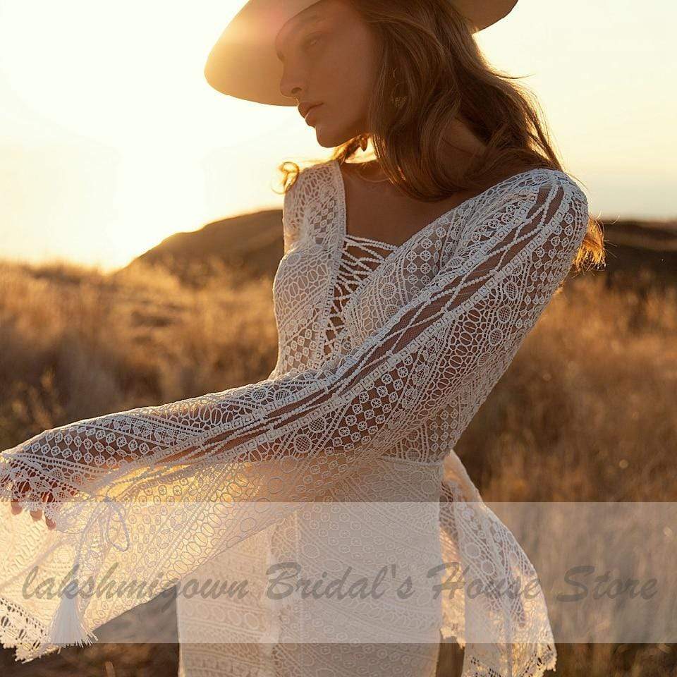 Vintage Lace Puff Sleeve Backless Dress Women Boho Mermaid Wedding Dresses - ROYCEBRIDAL OFFICIAL STORE