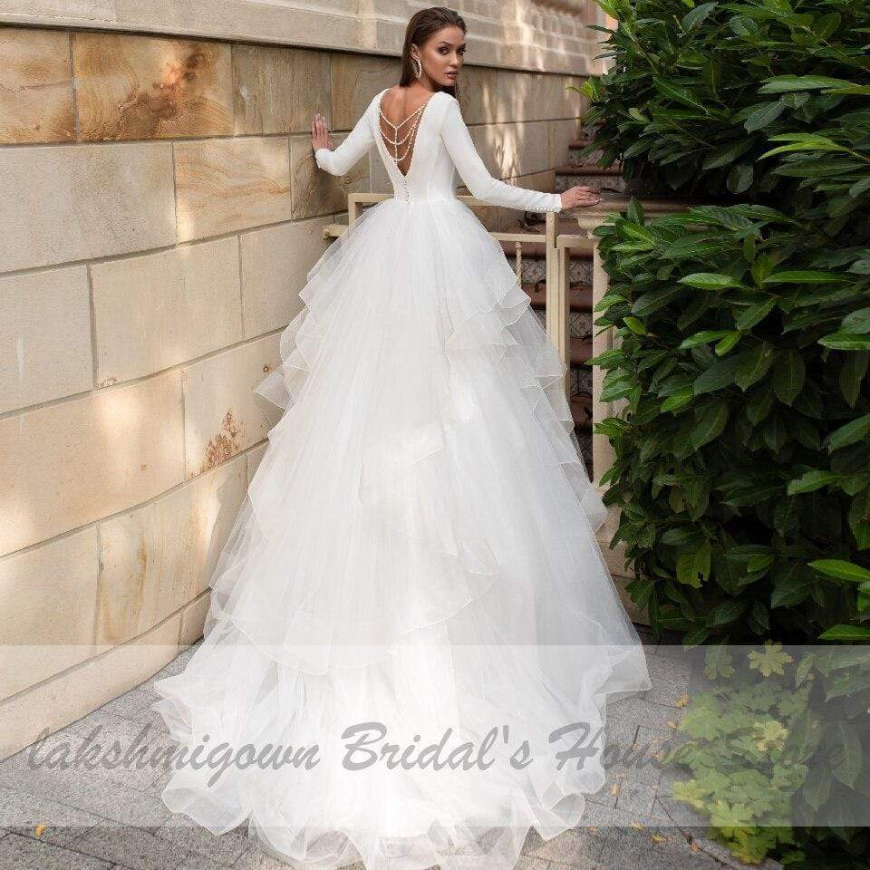 Vintage Ruffles Wedding Dress Long Sleeve - ROYCEBRIDAL OFFICIAL STORE
