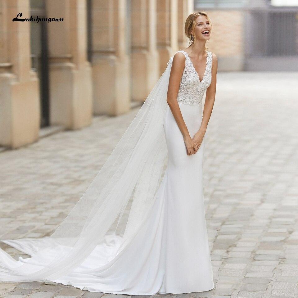 Vintage Satin Wedding Dress with Wings Boho Style V-neck - ROYCEBRIDAL OFFICIAL STORE