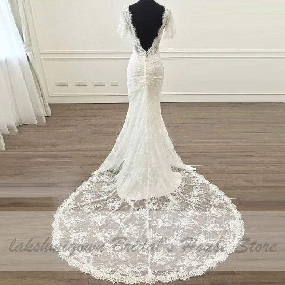 Vintage Short Sleeves Lace Wedding Dress Mermaid Style - ROYCEBRIDAL OFFICIAL STORE