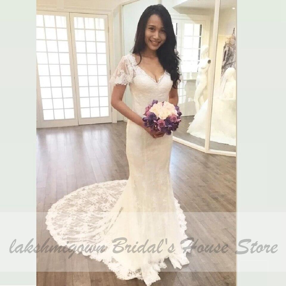 Vintage Short Sleeves Lace Wedding Dress Mermaid Style - ROYCEBRIDAL OFFICIAL STORE
