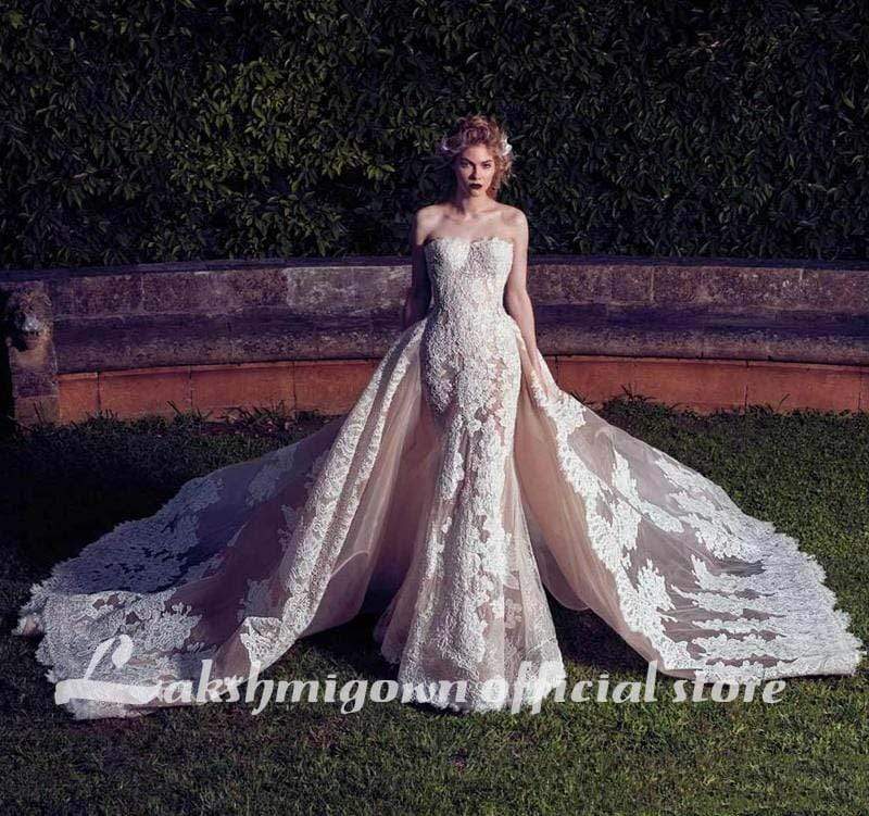 Wedding Dresses With Detachable Train Backless Lace Applique Bridal Gowns - ROYCEBRIDAL OFFICIAL STORE